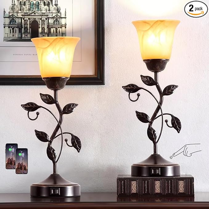 Set of 2 Touch Vintage Bedroom Leaf Table Lamps with 2 USB Ports | 3-Way Dimmable Nightstand Flower Lamps, Amber Glass Shade Rustic Lamp for Living Room Bedroom, LED Bulb Included (Bronze)