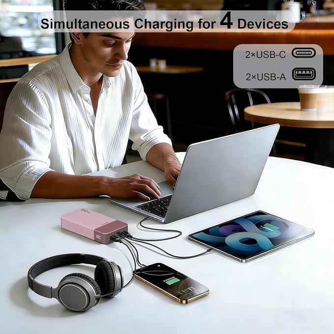 JUOVI Portable Charger, 90W Laptop Power Bank 20000mAh Portable Phone Charger, Power Bank Fast Charging with 2 USB-C & 2 USB-A Ports,Battery Bank for MacBook iPhone 17/16/15 Series, Galaxy(Pink)