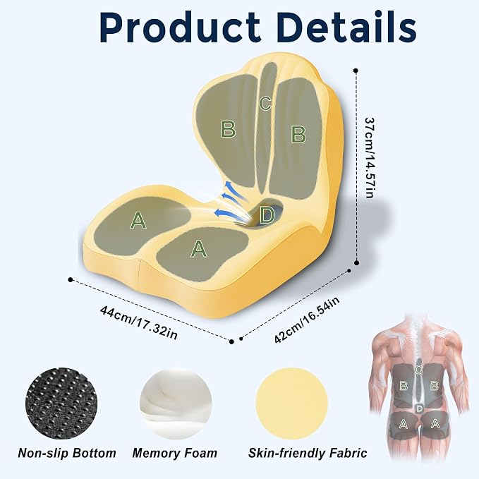 Seat Cushion for Office Chair and Car, L-Shaped Ergonomic Seat Cushions,Memory Foam Orthopedic Cushion with Coccyx Hollow,Lumbar Support & Tailbone Pain Relief for Car, Truck, Home,Gaming Chair,Yellow