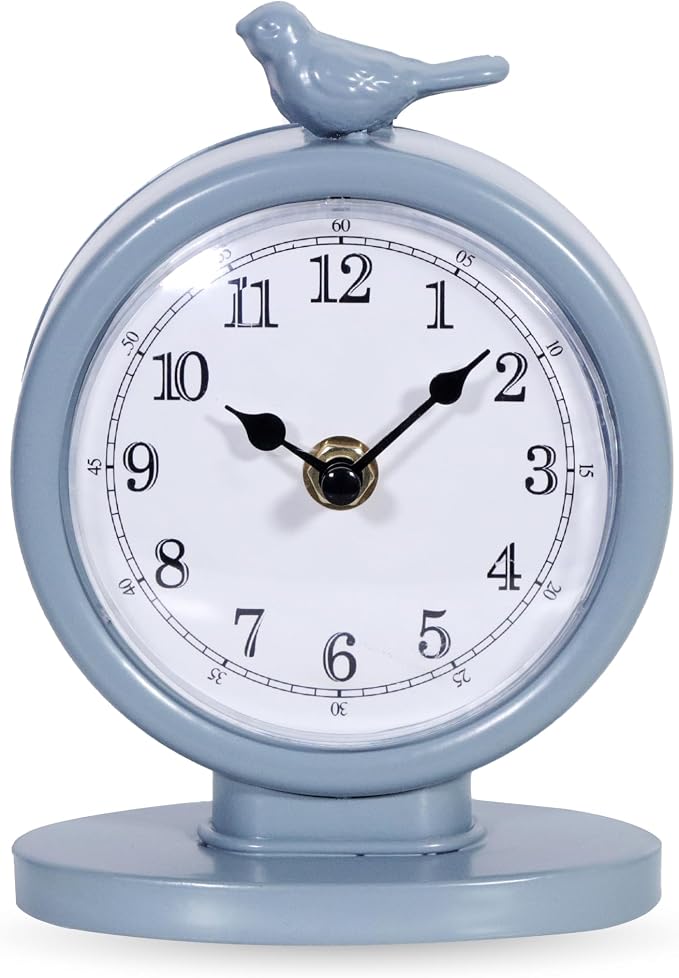 Classic Vintage Analog Mantel Desk Clock, Bright Blue | With Light, Silent Sweep Movement, Decorative Metal, For Living Room Shelf Bedside Home Decor