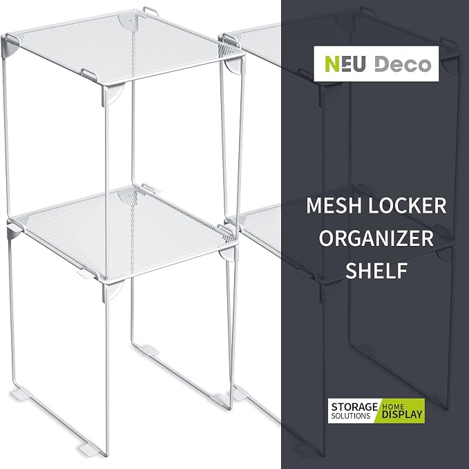 Neudeco Locker Organizer Kit, White, 4-Piece Set | Foldable Mesh Locker Shelf, Magnetic Pen Holders, Stackable Storage, For School, Work & Gym Lockers