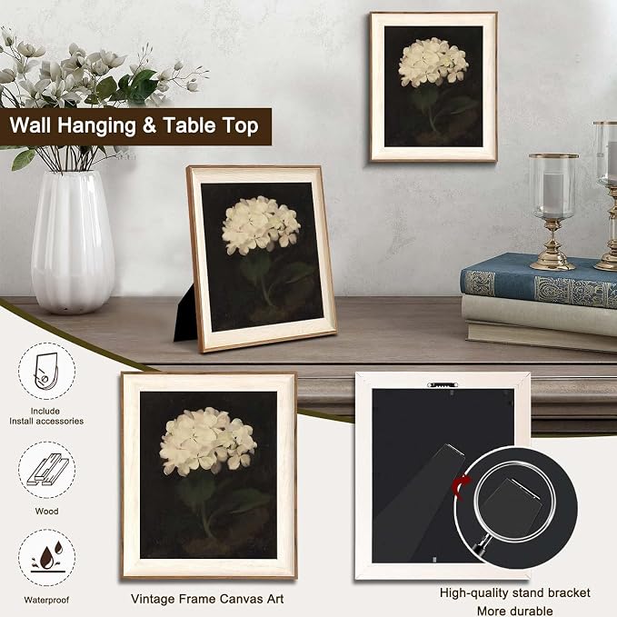 Framed Flower Wall Art, Vintage White Hydrangea Still Life Floral Art Prints, Moody Vintage Canvas Oil Painting, Antique Botanical Floral Wall Decor Pictures for Bedroom, Kitchen, Shelf, Bathroom Wall Decor - 10x12Inch