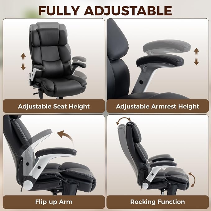 HOMCOM 400 Lbs Heavy Duty Office Chair with Adjustable Lumbar Support Black | Inflatable Adjustable Lumbar Support, Heavy Duty High Back Desk Chair, Pet-Friendly Fabric, 4-Level Gas Lift