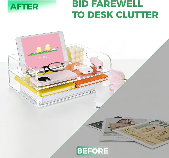 2-Tier Clear Acrylic Paper Trays, Desk File Organizer, A4 Paper Holder, Low-Profile Desk File Sorter for Office/Home, Clear Stackable Letter Tray for Bills, Crafts, Notebooks - Horizontal