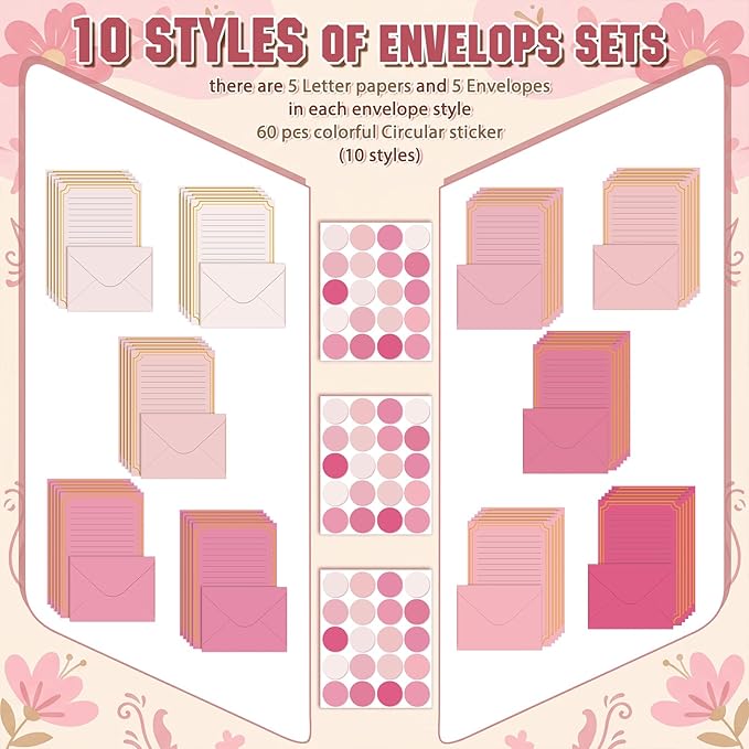 TaoBary 160 Packs Stationery Paper Set (50 Double Sided Stationery Writing Papers 50 Matching Envelopes) 60 Round Dot Sticker, 10 Design (5.5 x 8.25 Inch,Pink Color)
