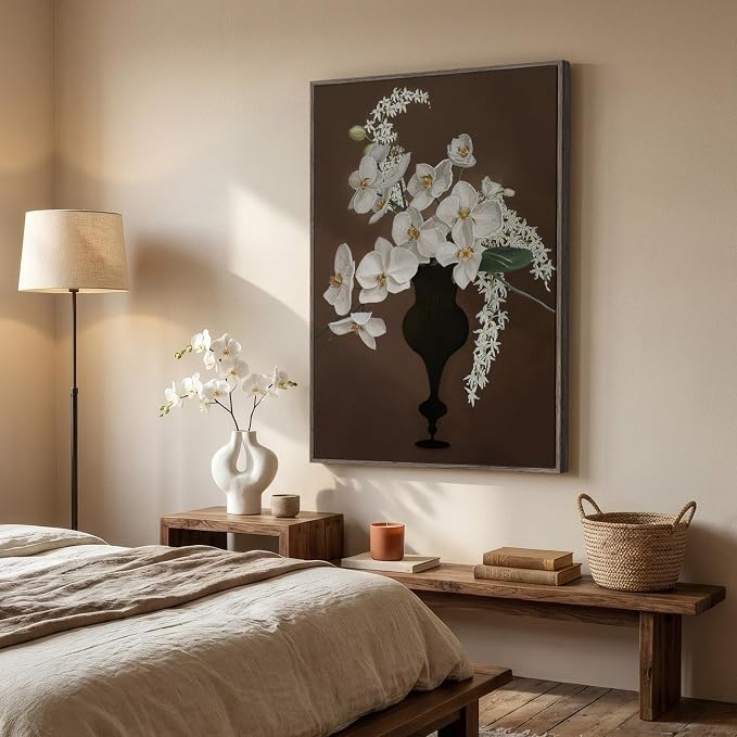 Framed Vintage Floral Vertical Wall Art, Retro White Orchid Flower Canvas Artwork for Kitchen, Classical Moody Dark Botanical Painting Prints for Bedroom Dining Room Living Room Bar Wall decor, 24x36