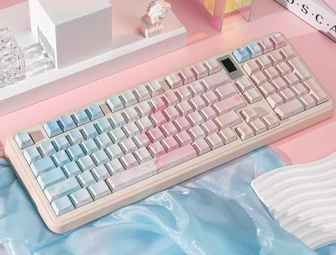 Pink Side-Printed Keycaps Set - 128 Keys Cherry Profile PBT Material 5-Sided Dye-Sublimation for 60%/65%/75%/100% Mechanical Keyboard