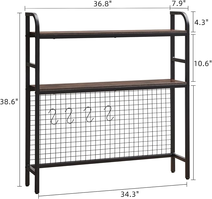 Desk Shelf, 36.8” Desktop Organizer Shelf with Grid Panel and Hooks, Desk Hutch for Computer Monitor, 2 Tier Desk Display Rack Wood Desktop Bookshelf Storage for Home Office Dorm