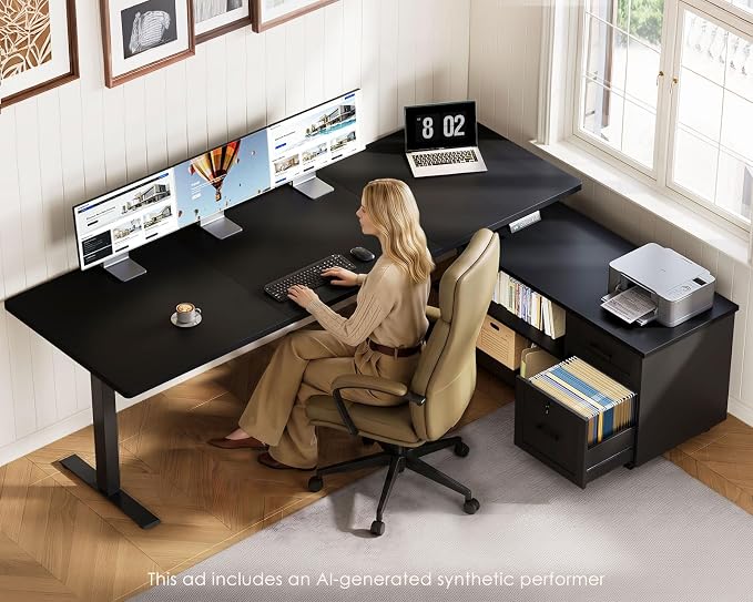 OffiGo 71 Inch L Shaped Electric Standing Desk with File Cabinet, Black | Mobile Drawers & File Cabinet for Flexible Layout, Height Adjustable Executive Stand Up Desk for Home Office Workstation