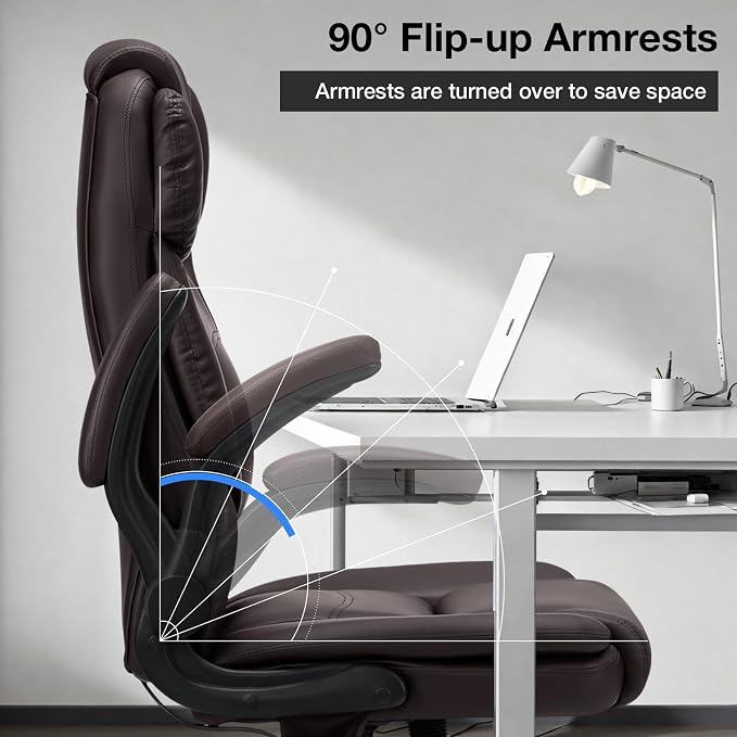 HOFFREE Executive Office Chair Big and Tall 450lbs Heavy Duty Office Chair with Adjustable Lumbar Support High Back Ergonomic Computer Leather Home Chair with Flip-up Arms for Heavy People,Brown