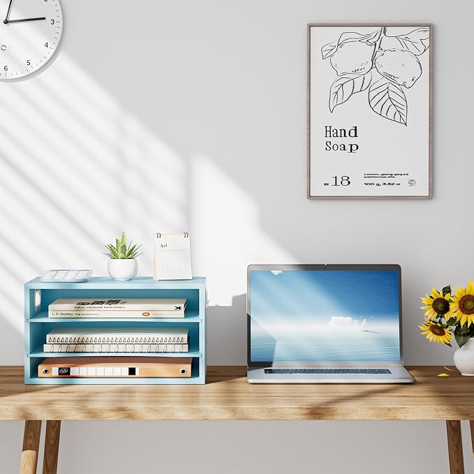 Marbrasse 3 Tier Wood Desk Organizer,Desk Paper Letter Tray Organizer，Blue | Wooden Desktop File Organizer with Handle and Paper Sorter Mail Holder for Office School & Home Supplies Organization