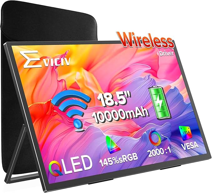 EVICIV Wireless Portable Monitor with 10000mAh Battery, 18.5" 145% sRGB QLED Ultra-Slim Monitor, Support AirPlay, Miracast, USB-C & HDMI, Sleeve & VESA, Second Screen for Laptop, Game Consoles(3-4H)