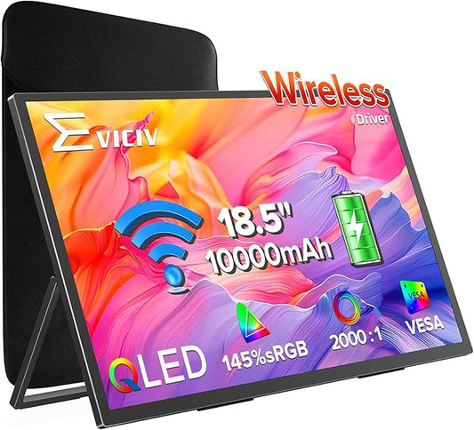 EVICIV Wireless Portable Monitor with 10000mAh Battery, 18.5" 145% sRGB QLED Ultra-Slim Monitor, Support AirPlay, Miracast, USB-C & HDMI, Sleeve & VESA, Second Screen for Laptop, Game Consoles(3-4H)