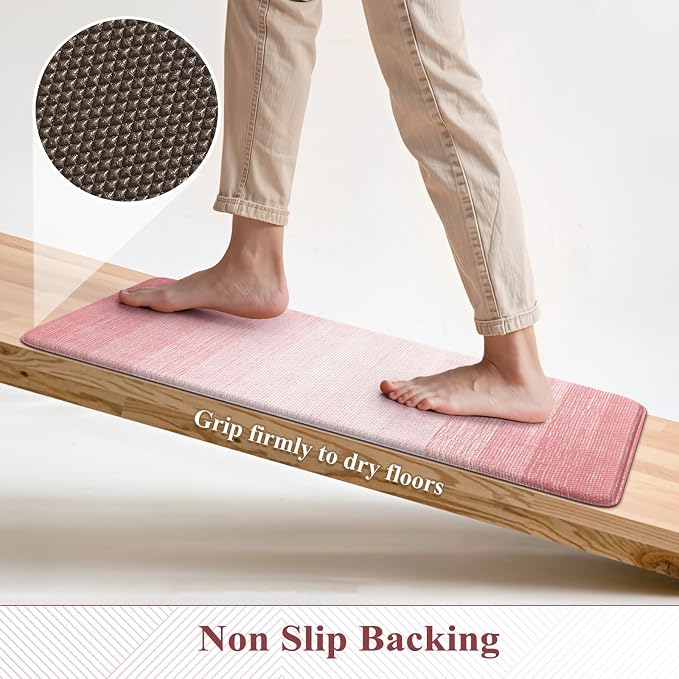 KIMODE Kitchen Anti Fatigue Mats, Boho Farmhouse Kitchen Rugs Sets of 2 | Gradient Pink Memory Foam Kitchen Mats for Floor,Cushioned Rugs for Kithcen Floor Decor Sink Laundry Office 17"x47"+17"x29"