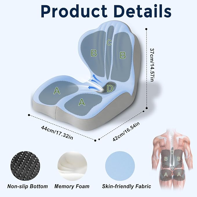 Seat Cushion for Office Chair Car, L-Shaped Ergonomic Seat Cushions,Memory Foam Orthopedic Cushion with Coccyx Hollow,Lumbar Support & Tailbone Pain Relief for Car, Truck, Home,Blue & Gray