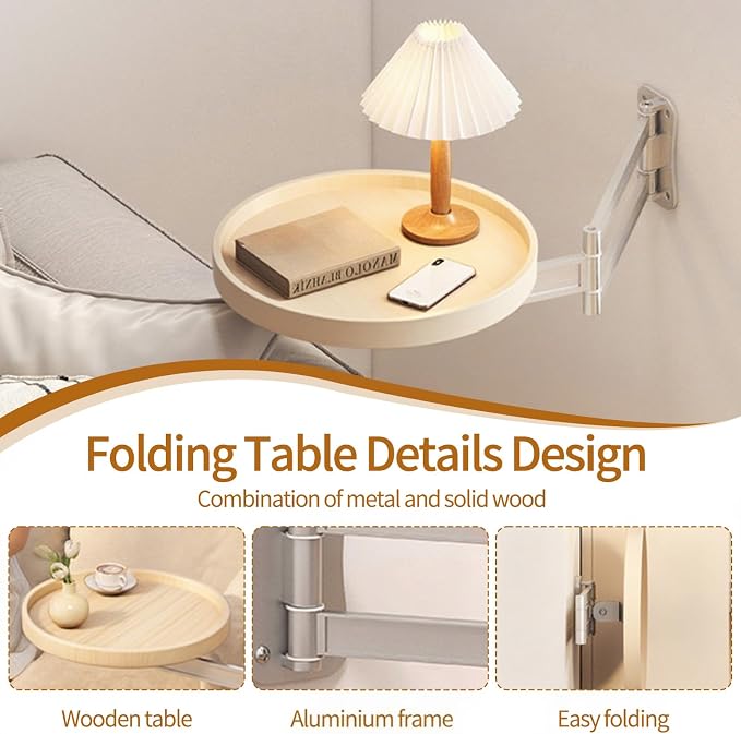 Wall Mounted Folding Round Table,11Inch Small Foldable Retractable Wooden Coffee Table Tray Fold Down Wall Desk Flip-Out Design Nightstand for Bedroom Living Room Balcony (Natural)