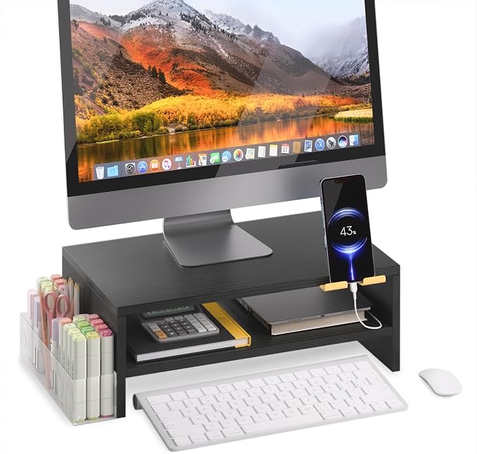 TEAMIX 2 Tiers Wood Monitor Stand Riser with Phone Holder & Side Pen Holder | Black Desk Organizer, 15.7L x 9.5W x 5.7 inch, Holds 80 lbs, Laptop/PC/Printer Stand, Ergonomic Design, Home Office Supplies