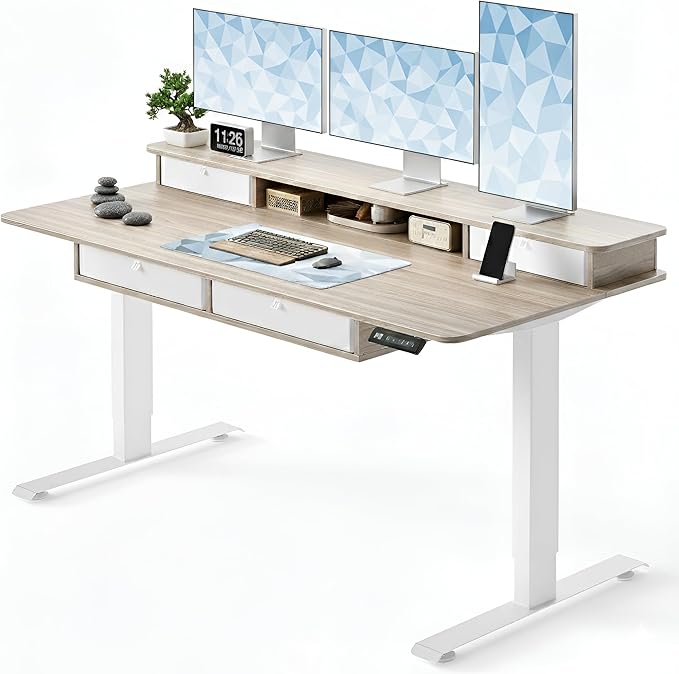 CubiCubi 60" x 30" Standing Desk with Drawers, Height Adjustable Electric Workstation, Computer Sit Stand Up Table with Large Storage Shelf 4 Drawers and 2 Hooks, Light Rustic Brown