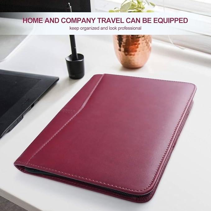 Mini Leather Zippered Padfolio Portfolio Binder 5 x 8 Legal Writing Pad, Professional Business Portfolio for Men & Women, Card Holder, Notepad Clipboard Holder, Red