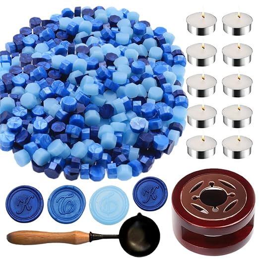 Wax Seal Kit with Warmer, ONWINPOR 300pcs Sea Blue Sealing Wax Beads in 3 Colors, Non-Slip Spoon, Candles for Envelopes, Stamp Letter Seal,Wedding Invitations (Blue Mix)