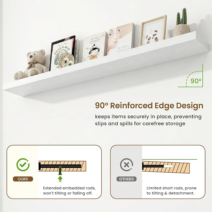 Marsmiles 55in Floating Shelves for Wall, 72" W x 9.25" D x 1.5" H, Long Wall Mounted Engineered Wood Shelves with Invisible Brackets for Living Room, Bedroom, Bathroom, Kitchen, White, 2Pcs