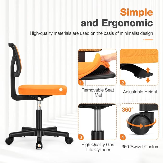 Sweetcrispy Small Office Chair, Ergonomic Low-Back Mesh Rolling Work Swivel Chairs with Wheels, Armless Comfortable Seat Lumbar Support for Home, Bedroom, Study, Student, Adults,Classic Orange
