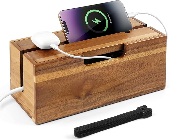 Acacia Cable Management Box, Cord Hider Organizer with Phone Stand, 12" L Cord Box for Power Strip, TV Wires & Desk Cable Storage, Office Under Desk Cable Storage Box for Wire