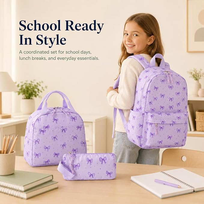 Bluboon Teen Girls School Backpack Kids Bookbag Set with Lunch Box Pencil Case Travel Laptop Backpack Casual Daypacks (Beige bow tie)