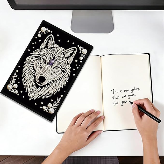 FRANDEK Pearl Painting Notebook Kit, Black and White Wolf A5 DIY Journal with 50 Blank Pages, Diamond Gem Art Cover with Waterproof Canvas, Beginner Craft Set with Full Tools for Adults