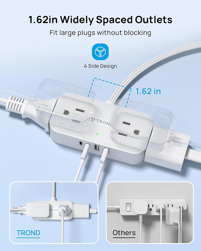 TROND Flat Plug Power Strip 10FT, Small Flat Extension Cord with Multiple Outlets, 4 AC and 4 USB Ports (2 USB C), Wall Mount Outlet Extender Adapter for Home Office Travel Dorm Room Essentials, White