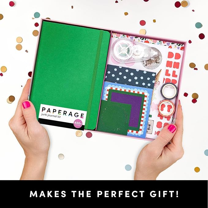 PAPERAGE Junk Journal & Scrapbook Kit, Hardcover Blank Journal Notebook, 20 Patterned Papers, 8 Sticker Sheets, 20 Die-Cut Shapes, 2 Washi Tapes & Tape Roller, Creative Journaling Supplies - Green