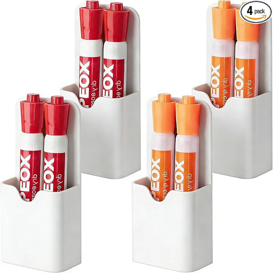 BEYGORM 4 Pack Magnetic Pen Holder for Whiteboard, Upgraded 1.5 mm Pencil Cup Organizer for Dry Erase Markers, Ideal Classroom, Office, Refrigerator, Locker (White)