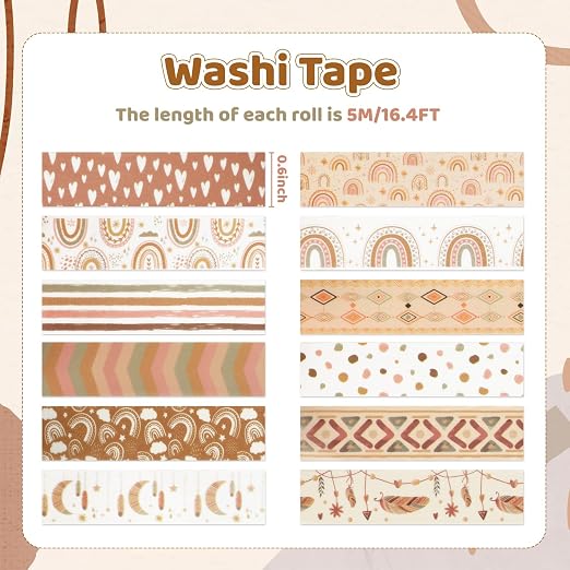 12 Rolls Boho Washi Tape Set, Vintage Watercolor Floral Rainbow Decorative Masking Tapes for Spring Arts DIY Craft Scrapbook Journal Planners Supplies Gift Wrapping 16.4Ft