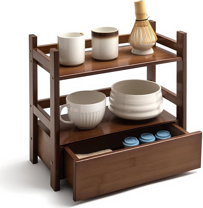 2 Tier Matcha Station Bamboo Organizer with Hidden Drawer, Wood Home Coffee Station Organizer for Kitchen Countertops, Coffee Bars, Kitchen & Office Storage(13" L x 6.5" W x 12.6" H)(Brown)