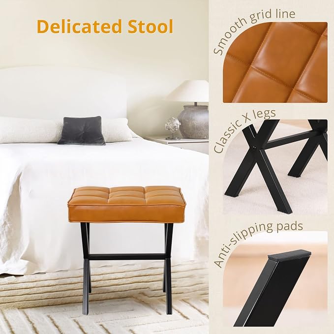 LUE BONA Vanity Stool, Faux Leather X-Leg Foot Stool, Small Ottoman Makeup Stool Chair for Vanity, Modern Padded Foot Rest Vanity Seat for Makeup Room, Bathroom, Whiskey Brown