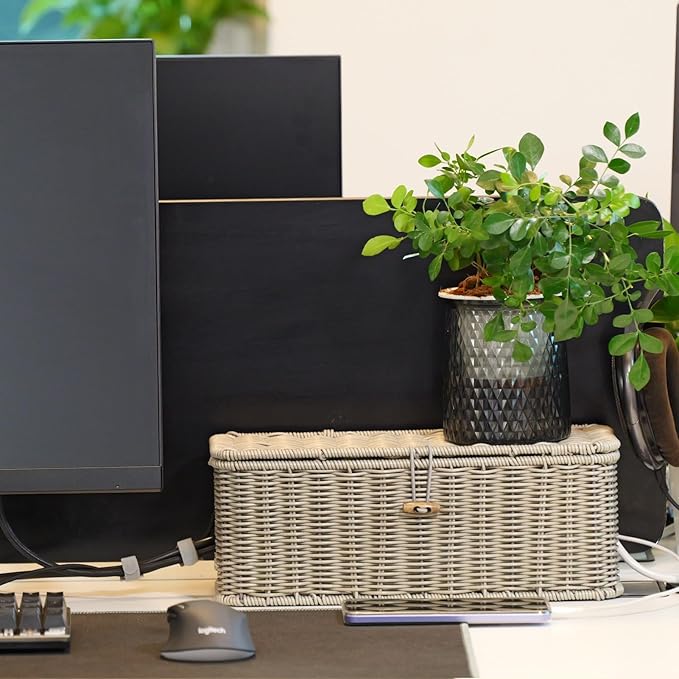BROWNLILY Cable Management Box, Rattan Style Cord Organizer for Desk Cord Hider Outlet Covers for Power Strip TV PC Router Charger Under Desk Storage with Lockable Lid and Cable Ties