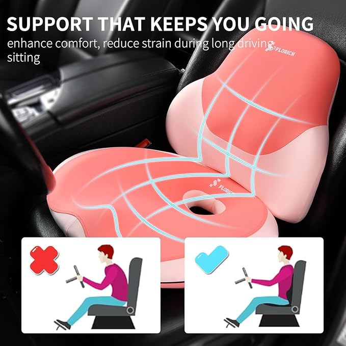 FLORICH Seat Cushion and Lumbar Support Pillow for Office Chair Car Neck Headrest Pillow Memory Foam Seat Pads Pressure Relief Back Cushion and Carseat Pads(Dark Pink)