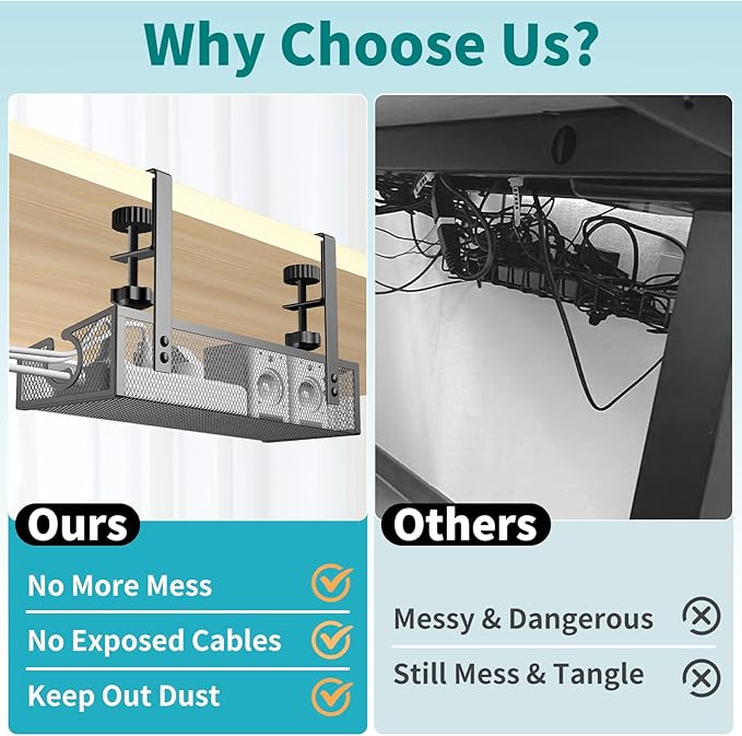 Under Desk Cable Management Tray Black, No Drill Desk Cable Management Organizer with Clamp for Desk Wire Management, PC Cord Organizer Accessories & Workspace Organizers for Office, Home(2 Pack)