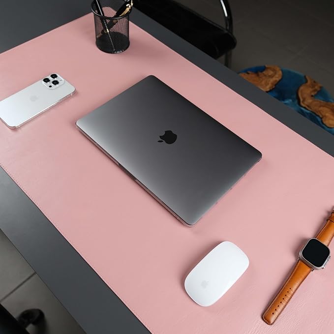 Jersey Genuine Calfskin Leather Desk Pad, Office Desk Mat with Non-Slip Bottom, Smooth Surface for Mouse & Keyboard, Desk Protector (36x19 inches) (Pink)