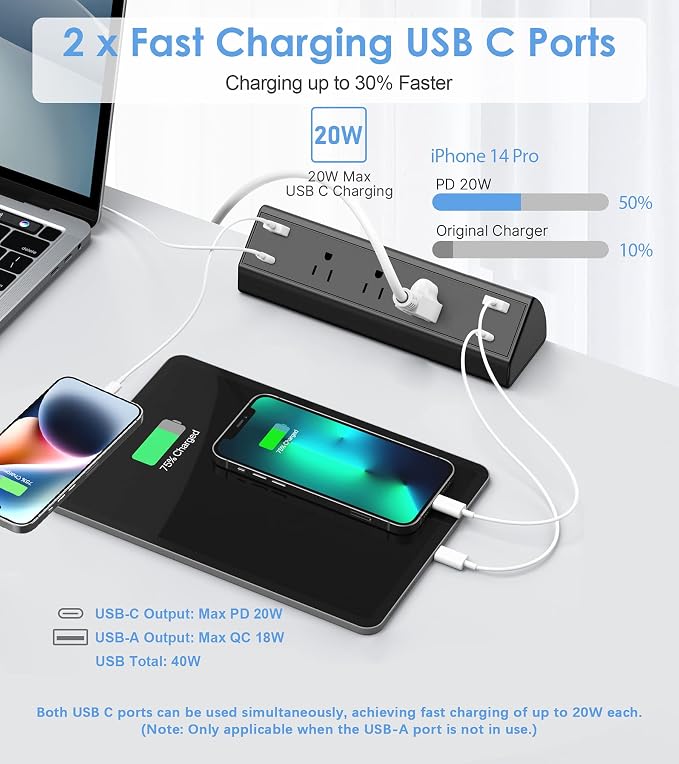 Jgstkcity Desk Clamp Power Strip,40W Total Fast Charging Station,2 PD 20W USB C Ports,Desk Edge Mount Surge Protector for Home, Office,3 Outlets,Fit 1.96" Tabletop Edge,ETL Listed (Pack of 2)