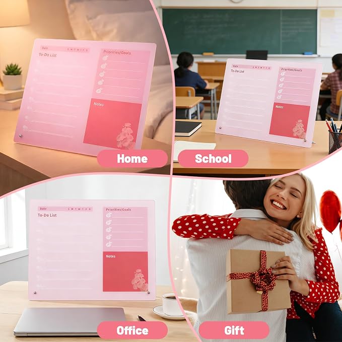 LeMotech Desktop Acrylic Dry Erase Board, 15.7x11.8 inches to-Do List Planner, Tabletop Whiteboard with Stand Office Supplies Includes 2 Markers & 1 Eraser, Pink Rose Pattern, 1 Pack