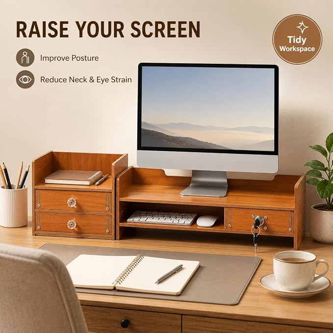 Wood Monitor Stand with Drawer - Tabletop Computer Rack Multi Compartment Home Desk Organizer w/3 Storage Drawers for Office Home Study