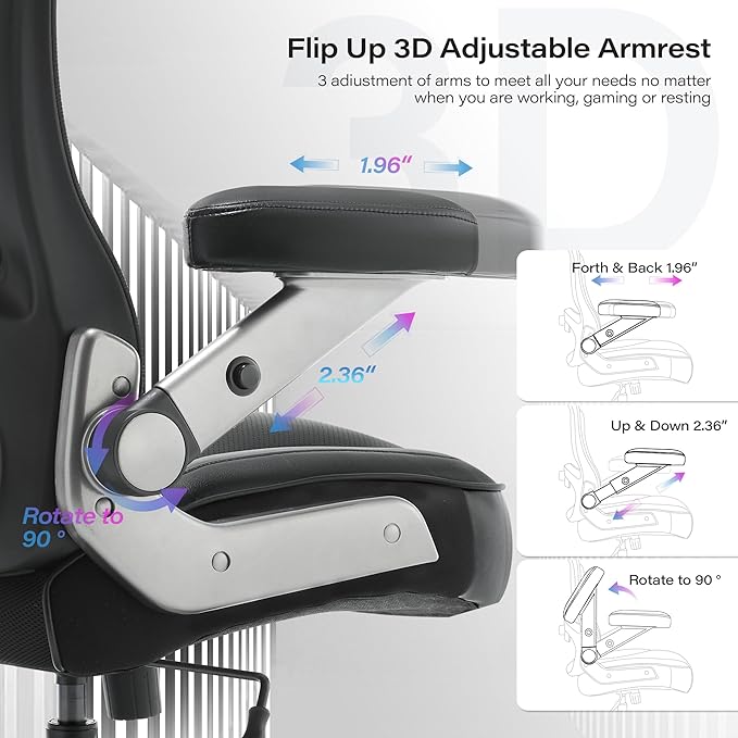 600lbs Big and Tall Office Chair- Heavy Duty Executive Computer Chair with 3D Flip Arms Large Wheels, Ergonomic Mesh High Back Desk Chair, Extra Wide Seat Adjustable Lumbar Support&Headrest
