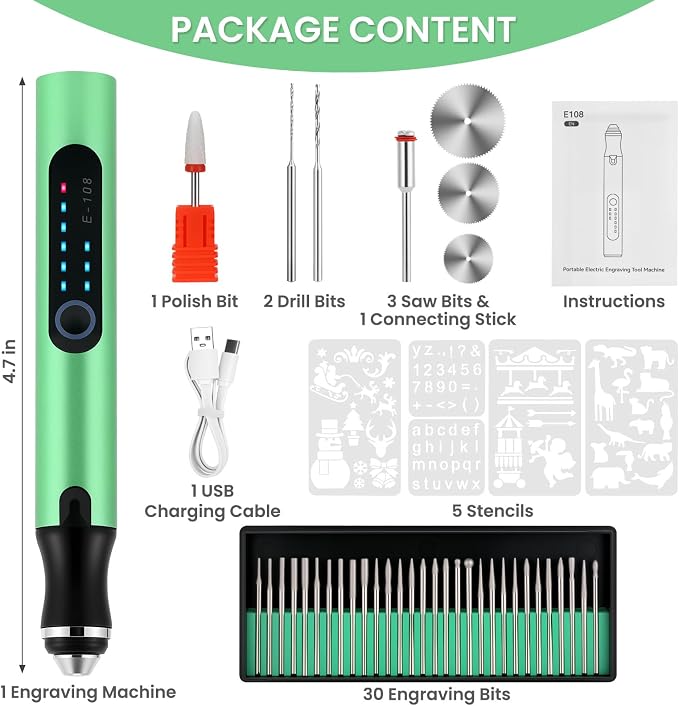 Electric Engraving Pen with 37 Bits, USB Rechargeable Cordless Etching Engraving Tool, Portable DIY Rotary Engraver for Jewelry Wood Glass Stone Carving (Green)