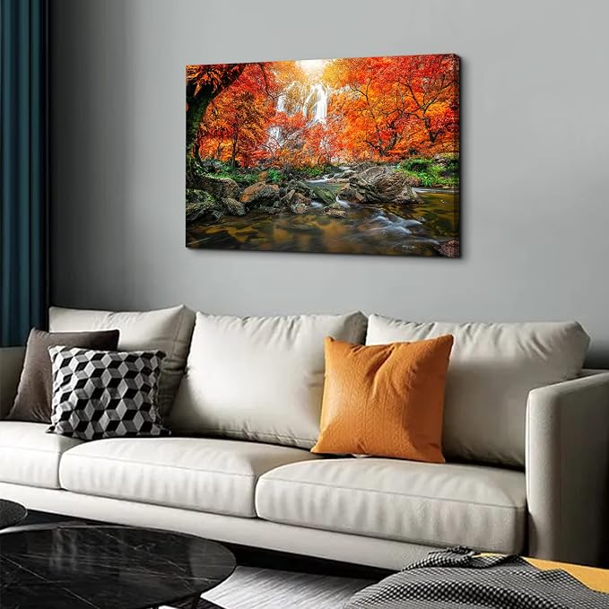 Waterfall Wall Art Sunset Nature River Landscape Picture Bedroom Decor 24x36" Autumn Forest Mountain Canvas Kitchen Modern Artwork Burnt Orange Maple Tree Scenery Painting Living Room Home Decoration