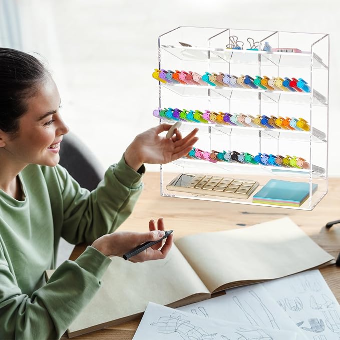 MotiMind Acrylic Pen Organizer Storage for 150 Markers Vertical Marker Organizer Acrylic Pen Display Holder for Office Desk Desktop Stationery Pencil Storage, Clear, 10.2 x 4 x 9.8 Inch