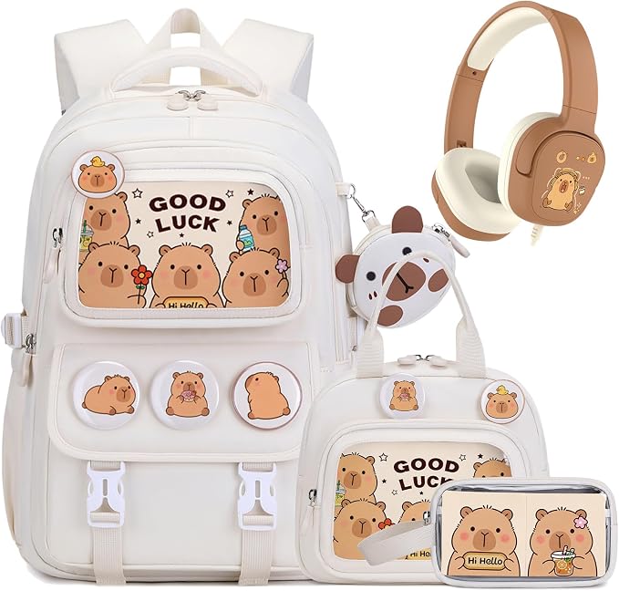 Capybara Backpack for Girls with Headphones - 4PCS Girls Backpack for Kindergarten Elementary Middle High School Travel - 3.5mm Wired Headphones Backpacks Back to School Gift(Beige)