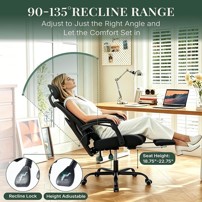 Ergonomic Office Chair with Footrest, High Back Home Desk Chair with Lumbar Support & Headrest, 90-135° Reclining Mesh Back Computer Chair with Wheels for Work, Gaming, Black