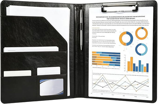 Professional Padfolio Portfolio Binder, Faux Leather Interview Resume Folder, Letter Sized Writing Pad w/Business Card Holder, A4 Professional Folio for Office Conference (Black)