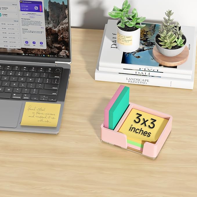 Sticky Note Holder with Pen Slot, Pink Acrylic Notepad Holder 3x3 in Self-Stick Note Dispenser Office Desk Accessories, Memo Pad Holder Organizer for Classroom School Supplies